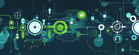 Abstract technology network concept with interconnected nodes and dynamic icons