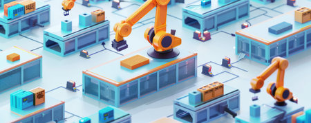 Futuristic automated factory floor with robotic arms and conveyor belts