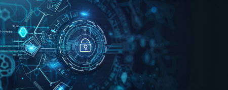 Advanced cybersecurity system concept with digital lock security interface in blueの写真素材