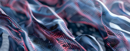 Futuristic digital fabric waves in blue and red, showcasing advanced textile technologyの写真素材