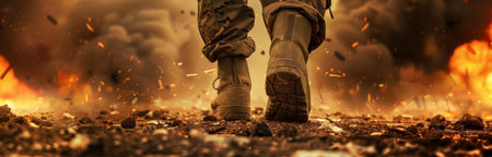 Close-up view of military boots walking through a fiery battlefield