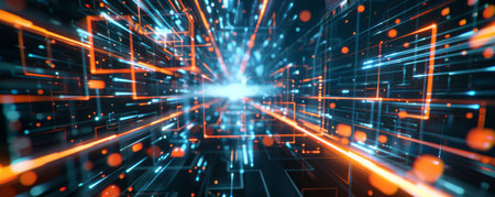 Dynamic pathway concept in advanced digital technology, depicting fast data flow and network...