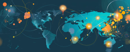 Global map with illuminated connections and data points showcasing digital finance inclusionの写真素材