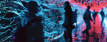 Silhouetted figures in a stunning futuristic virtual network interfaceの写真素材
