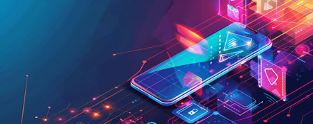 Futuristic mobile phone security concept with glowing icons and data protection visuals