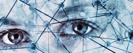 Futuristic network surveillance concept with interconnected human eyes in a digital interfaceの写真素材
