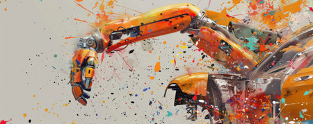 Dynamic robotic arm splashing vibrant paint colors in an explosion of creativity and innovationの写真素材