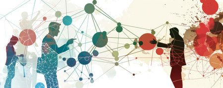 Silhouettes of people interacting with dynamic network diagrams and colorful splashes