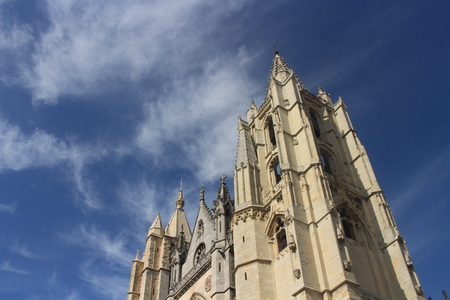 One of the two towers which compose the facade of the Gothic Cathedral in Leon, Spain.の写真素材