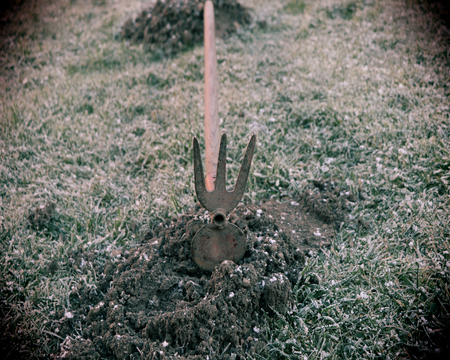 A wooden old hoe in its own work on the garden の写真素材