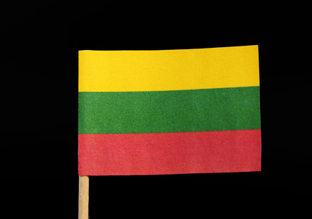 A tricolour national flag of Lithuania on toothpick on black background. A horizontal triband of yellow, green and red.の写真素材