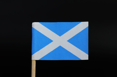 A unique flag of Scotland on toothpick on black background. A blue field with a white diagonal cross that extends to the corners of the flag. In Blazon, Azure, a saltire Argent.の写真素材