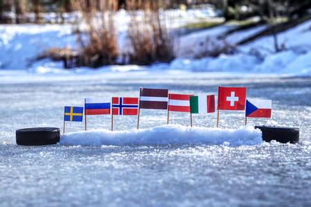 2019 IIHF World Championship in Slovakia. This flags represented states who will playing in Group B on championship in ice hockey. Czech, Sweden, Norway, Latvia, Italy, Russia, Switzerland, Austriaの写真素材