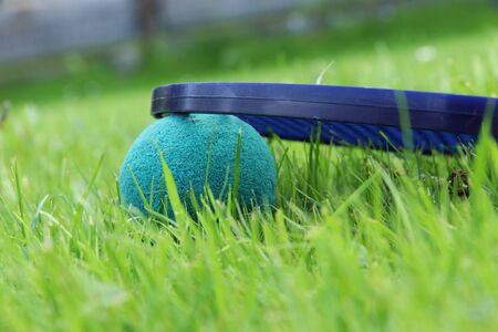 A look at the past, the times when we were children. Detail on softenis ball and racket. Best game...