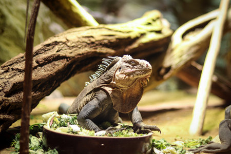 Lesser Antillean iguana enjoys a delicious salad. Blissful expression on the face of a West Indian iguana. Rest with paws directly in the salad. Iguana delicatissima eats.の写真素材