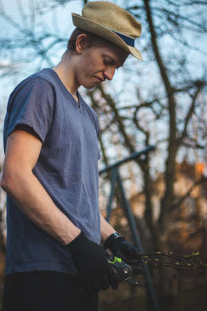 Hardworking man in work clothes uses loppers to split wood into smaller sticks to fit into the kiln for burning. Work in the garden. Grooming the plot. Beautifying the orchards.の写真素材