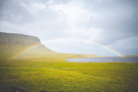 Vivid rainbow stretches across the cloudy sky above a serene meadow. Vibrant colors contrast...