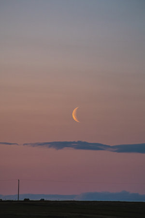 Delicate crescent moon hangs low in a pastel-colored sky, with soft hues of pink and blue blending seamlessly at dusk.の写真素材