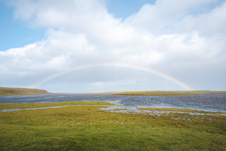 Vivid rainbow stretches across the cloudy sky above a serene meadow. Vibrant colors contrast...