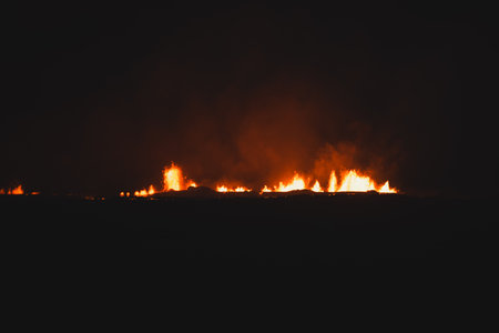 Fagradalsfjall area under volcanic activity. Grindavik Iceland. Bright volcanic eruptions light up...