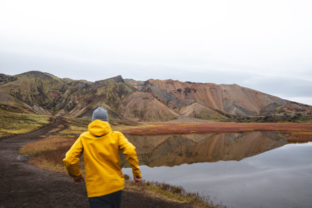 Traveler walks through a rugged lava field in the Icelandic Highlands, surrounded by mossy rocks and...