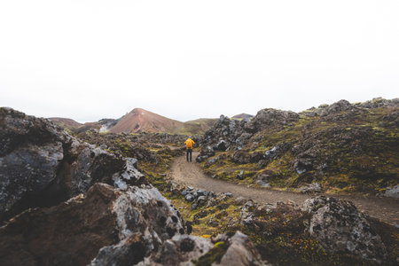Traveler walks through a rugged lava field in the Icelandic Highlands, surrounded by mossy rocks and...