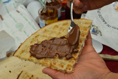 A typical gofres with chocolateの写真素材