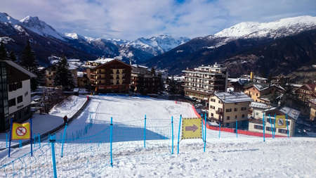 The ski slopes 52 that end in the center of Sauze d'Oulxのeditorial素材
