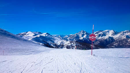 Landscape of the Sauze d'Oulx mountains from the top of the Genevris Slopesの写真素材