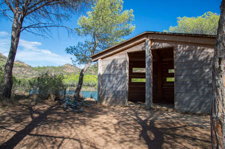 a wood hut in the naturl reserve in bidderosaの写真素材