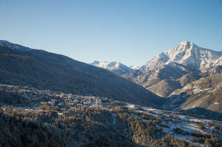 snowy sauze dOulx Landscape in winter italyの写真素材