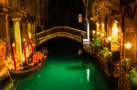 Parked gondola for the night in Venice, Italyの写真素材