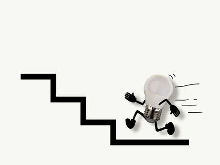 bulb with hands and feet trying to climb a flight of stairsの写真素材