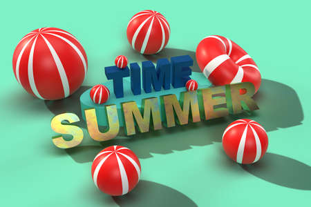 3d banner with 3d text Summer weather and colorful red floating balls, summer themed background for cards, banners, banners.の写真素材