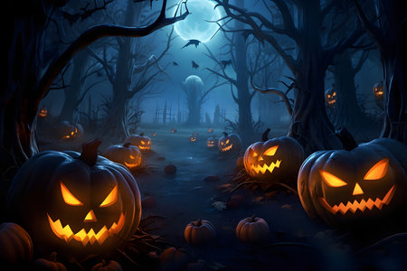 Halloween background with scary pumpkins in the forest. 3d rendering. ia generatedの素材