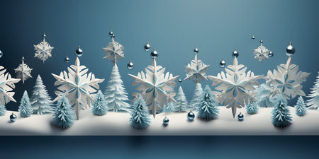 Christmas background with snowflakes and fir trees. 3d illustrationの素材