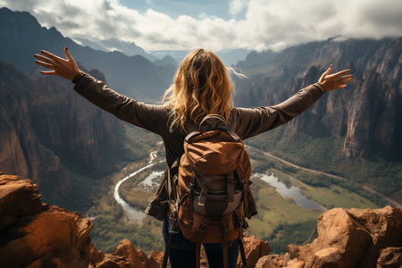 Hiker with backpack standing on the edge of a cliff and looking at the Colorado Riverの素材