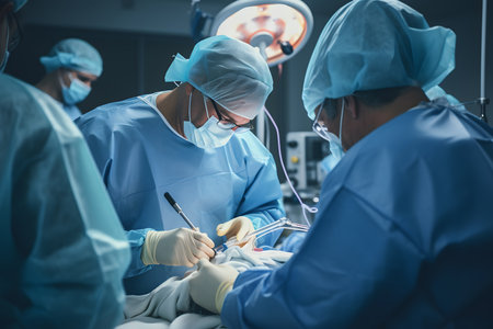 group of doctors in operating room with artistic lighting and blue filter. ia generatedの素材