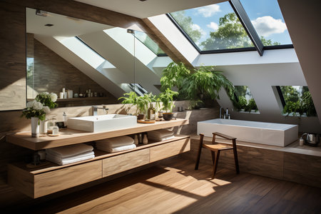 interior of modern bathroom with wooden walls and floor, 3d render. ia generatedの素材