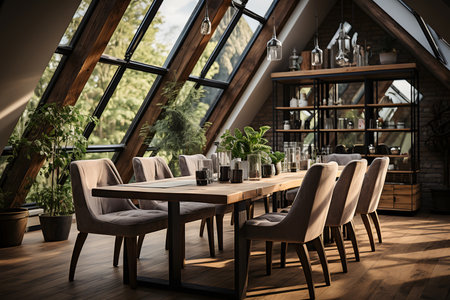 Interior of the attic living room with wooden walls, wooden floor and dining table. 3d. ia generatedの素材