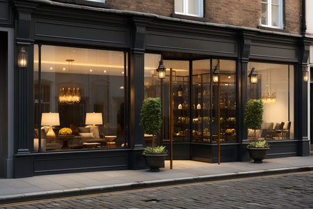 Vintage charming store front with wood carpentry and an elegant retro feel. 3d render. ia generatedの素材