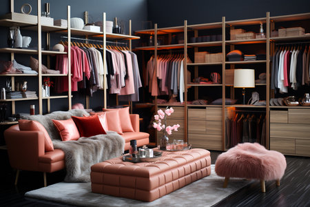3D rendering interior of modern dressing room with brown sofa and wooden cabinet. ia generatedの素材