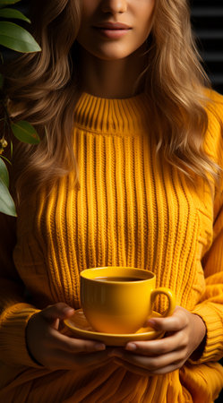 cropped view of young woman in yellow sweater holding cup of coffee. ia generatedの素材