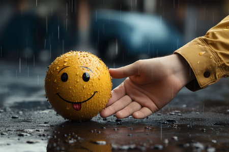hand giving a push to a happy ball in the rain. concept of help and support. ia generatedの素材