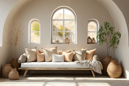 Loft home interior design of modern living room. beige sofa with terra cotta pillows against arched window near stucco wall. ia generatedの素材