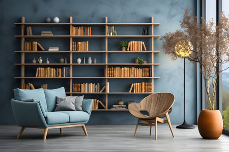 Wooden and blue living room interior with shelves and poster. ia generatedの素材