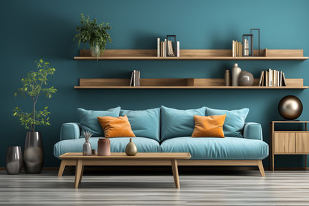 Wooden and blue living room interior with shelves and poster. ia generatedの素材