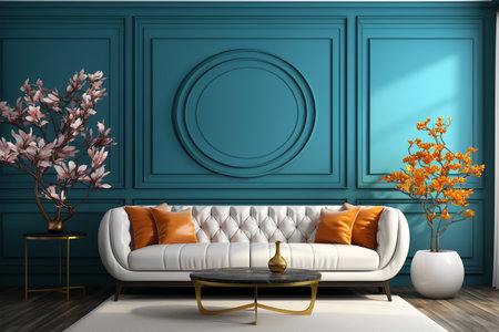 white curved sofa with pouf and teal wall panels with vibrant and colorful art poster. modern living room home interior design style. ia generatedの素材