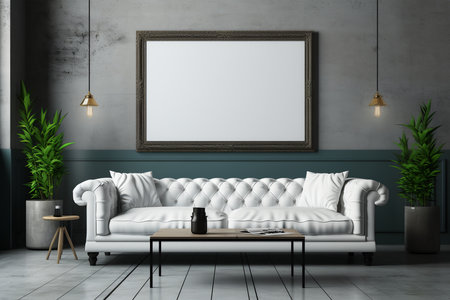 Interior of the living room with a white sofa and a framed poster. 3d render. ia generatedの素材