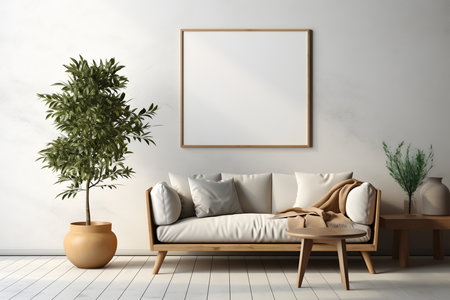 Modern living room interior with mock up poster frame, sofa and plants. 3d render. ia generatedの素材